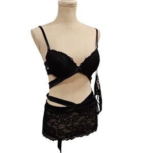 Body Rage Black Lace Strappy Underwire Halter Bra Thong Skirt Lingerie Set